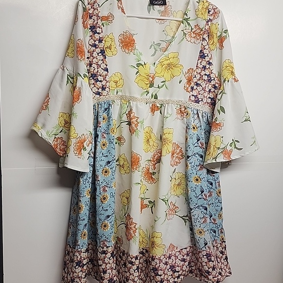 Gigio Tops - GGO Boho Floral V-Neck Patchwork Mini Dress or Long Top in White & Yellow
